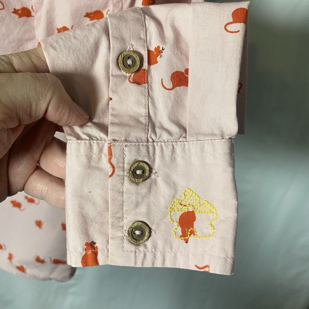 Anthropologie Odille Mouse & Cheese Novelty Print Button Down Shirt Pink Size 6 - Picture 4 of 10